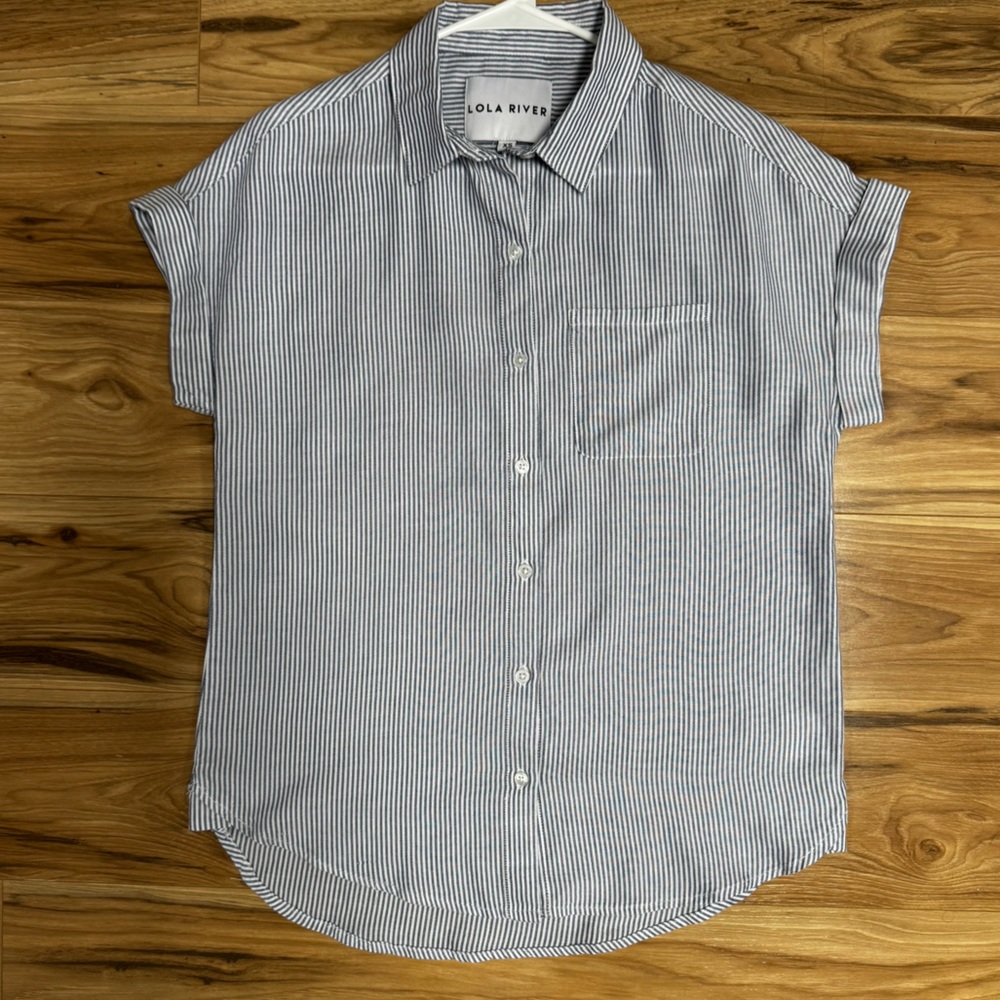 Lola River XS Blue & White Stripe Button Up Shirt Cap Sleeve Nautical Coastal